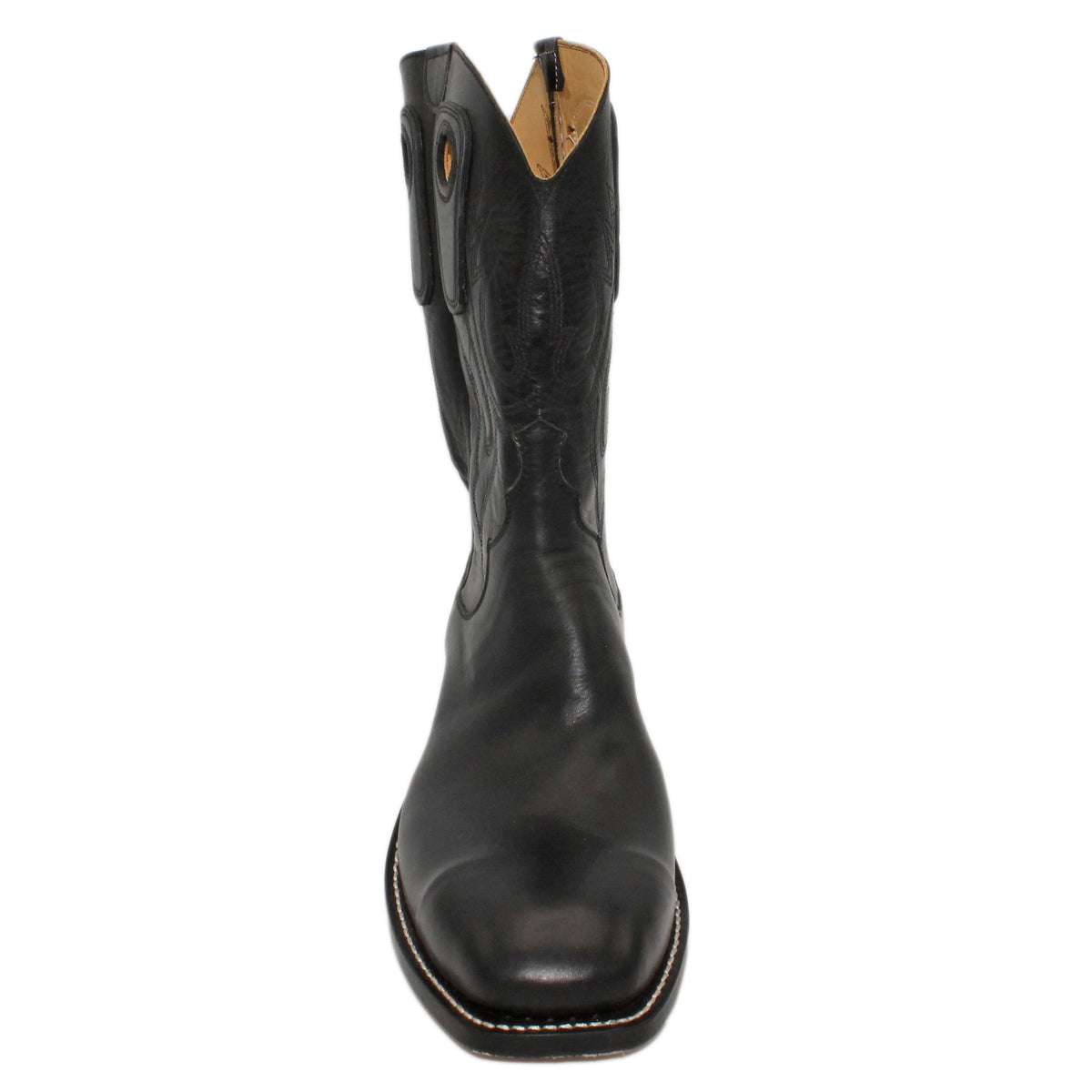 12" Black Kidskin Upper w/ Beck 3 Row Stitching
Black Calf Vamp
Wide French Toe
Slightly Tapered Heel
Leather Sole
