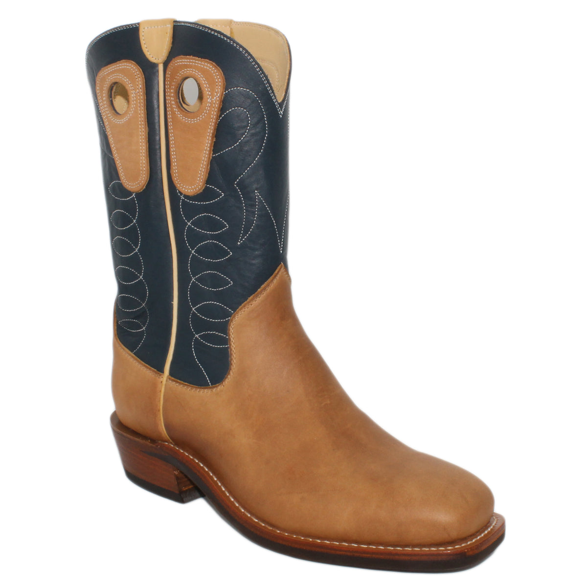 12" Blue upper w/ Loops Stitching
Buckskin Rough Out Steer Vamp
Wide French Square Toe
Slightly Tapered Heel