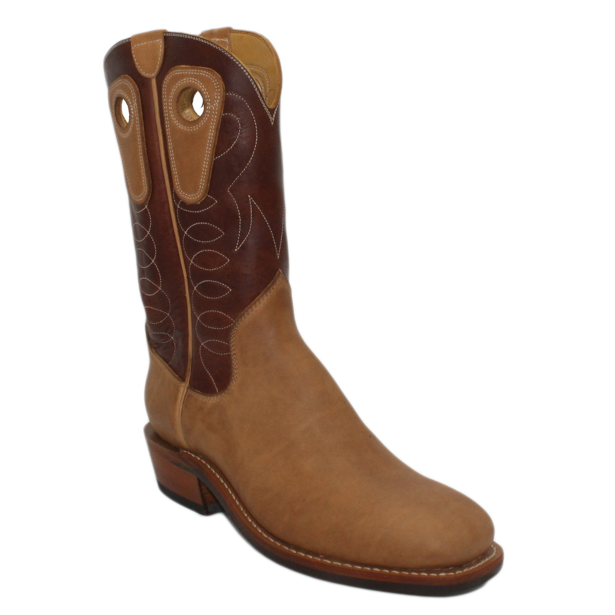 12" Brown Upper w/ Loops Stitching
Buckskin Rough Out Steer Vamp
Wide French Square Toe
Slightly Tapered Heel