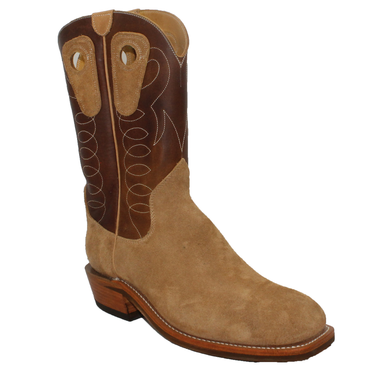 12" Brown Upper w/ Loops Stitching
Buckskin Rough Out Steer Vamp
Wide French Square Toe
Slightly Tapered Heel