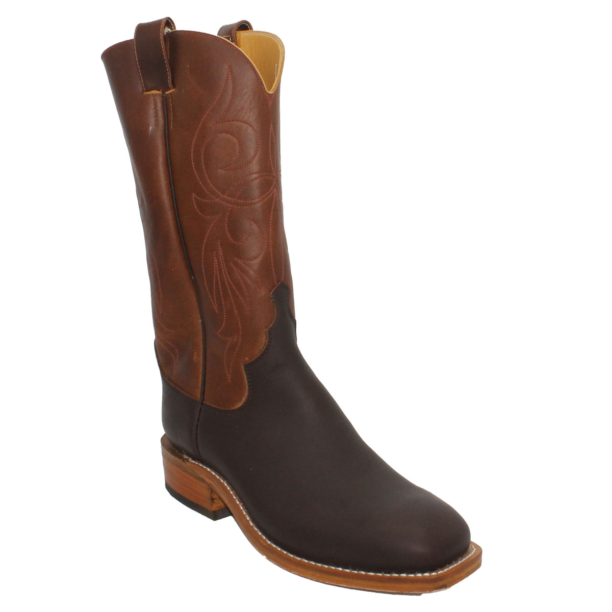 14" Brown Upper w/ Elkhorn Stitching in Wine
Brown Timberjack Steer Vamp
Wide French Square Toe
Block Heel
