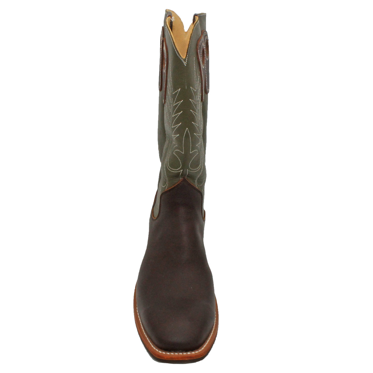 14" Forest Upper w/ Beck Classic Stitching
Brown Timberjack Steer Vamp
Wide French Toe
Block Heel