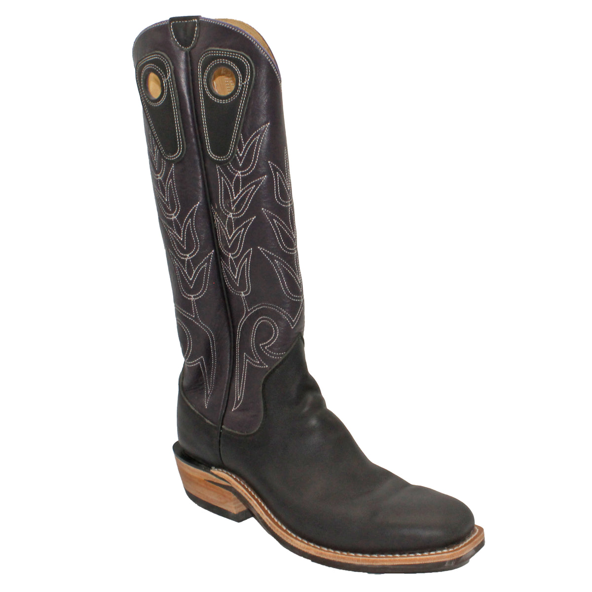 16" Purple Upper w/ Tulip Stitching
Black Steer Vamp
Wide French Square Toe
Slightly Tapered Heel