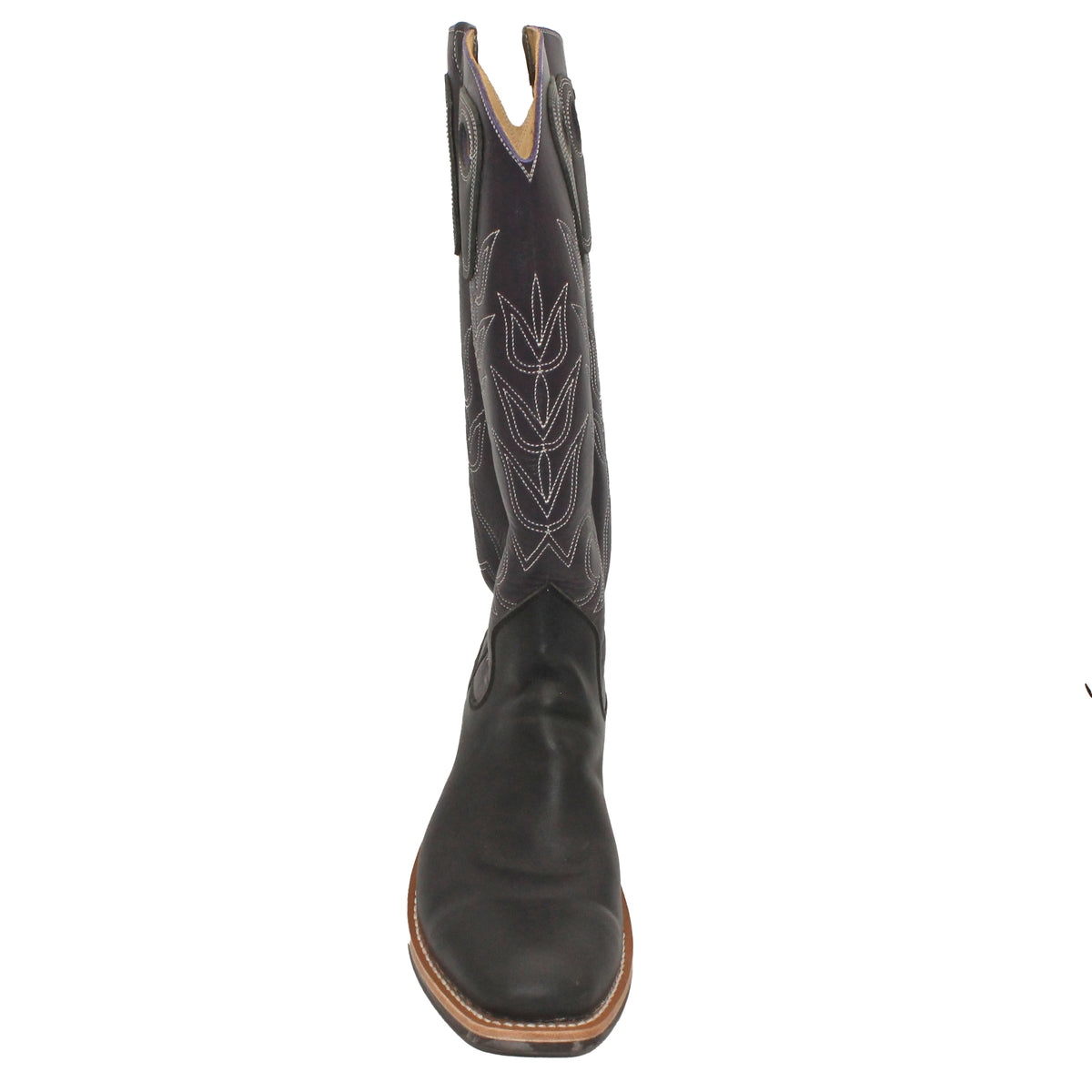 16" Purple Upper w/ Tulip Stitching
Black Steer Vamp
Wide French Square Toe
Slightly Tapered Heel