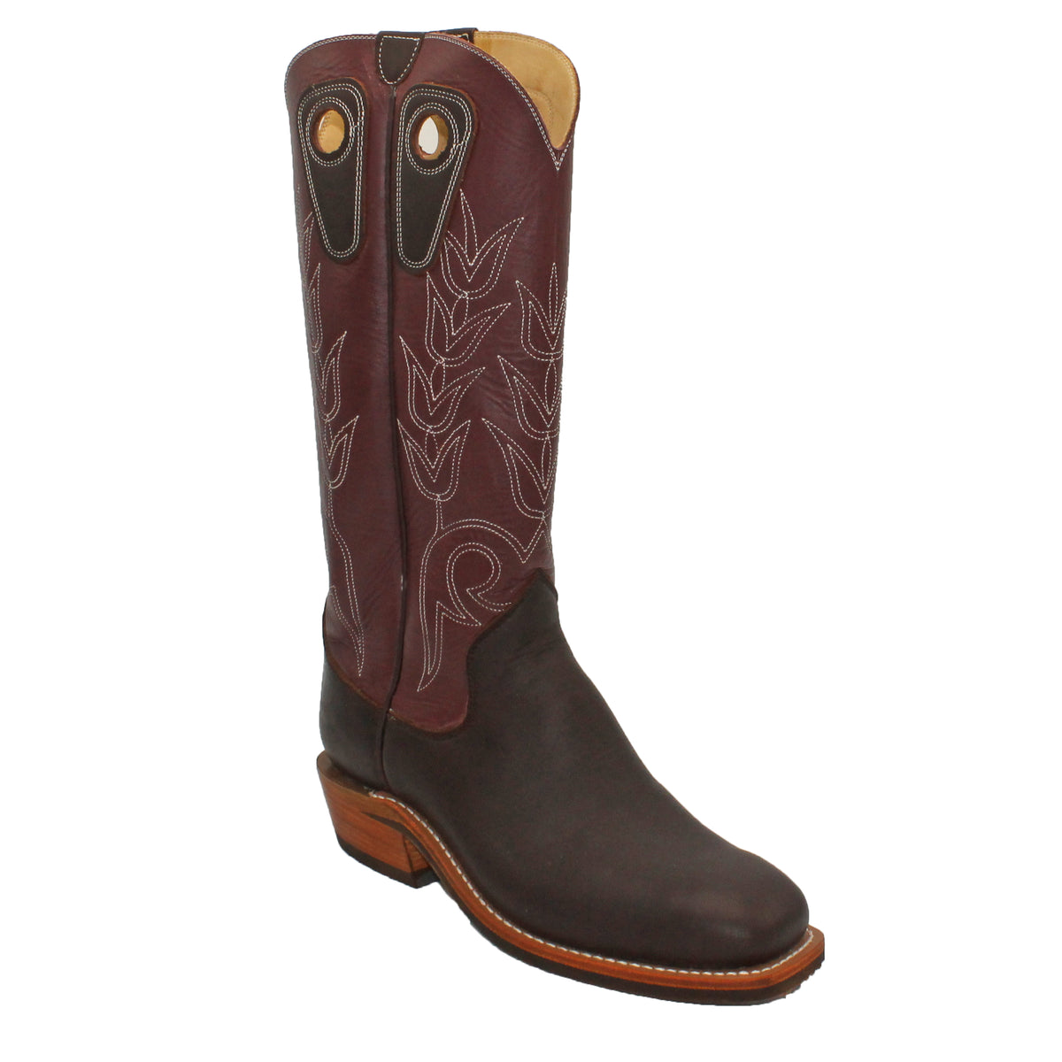 16" Wine Upper w/ Tulip Stitching
Brown Timberjack Steer Vamp
Wide French Square Toe
Slightly Tapered Heel