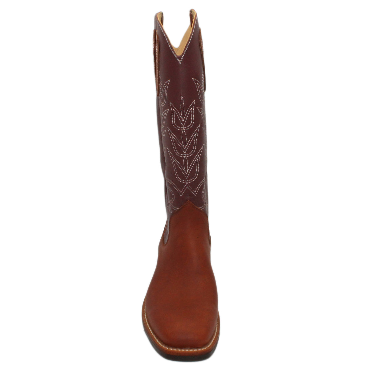 16" Wine Uppers w/ Tulip Stitching
Tan Timberjack Steer Vamp
Wide French Square Toe
Slightly Tapered Heel