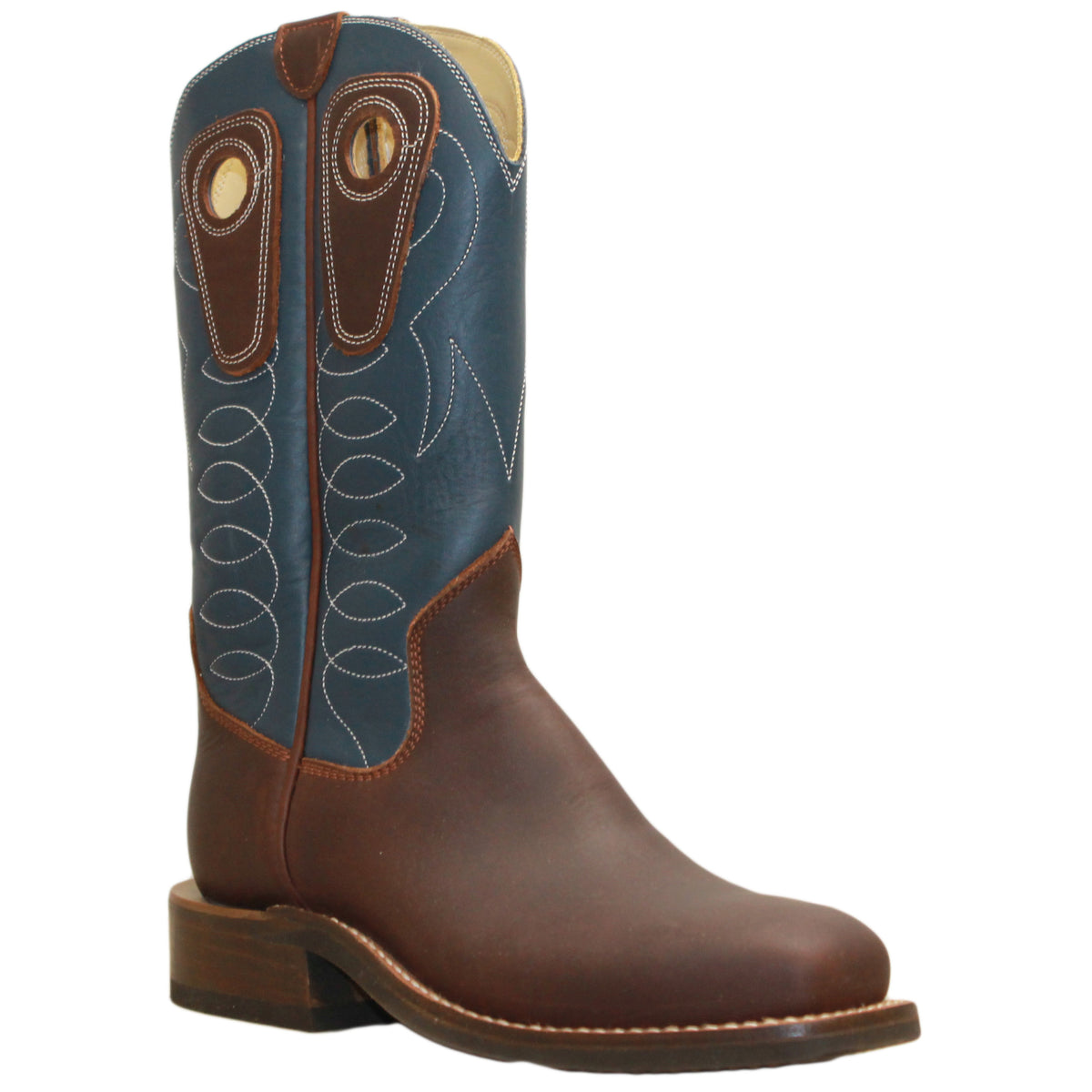 12" Blue Upper w/ Loops Stitching
Brown Timberjack Steer Vamp
Wide French Square Toe
Block Heel