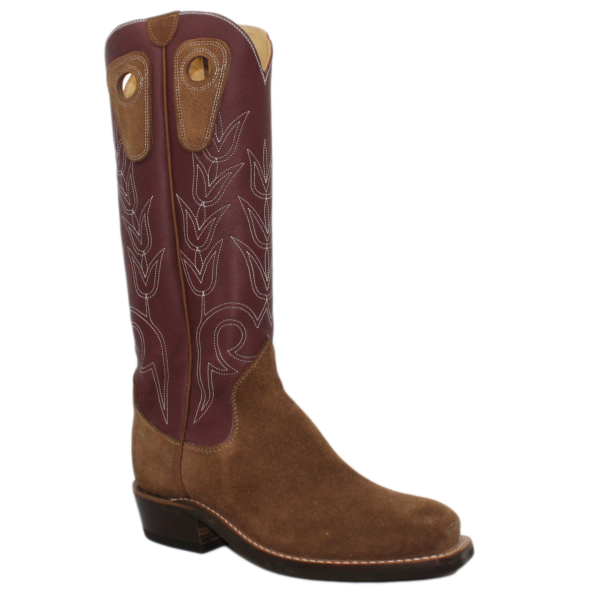 16" Wine Uppers w/ Tulip Stitching
Saddle Timberjack Rough Out Steer Vamp
Wide French Square Toe
Slightly Tapered Heel