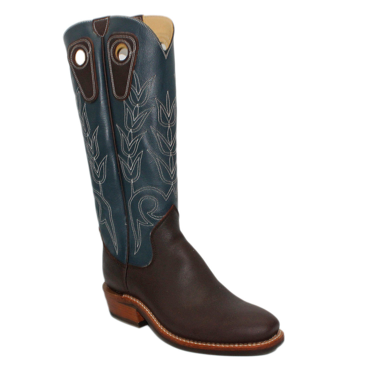 16" Blue Upper w/ Tulip Stitching

Brown Timberjack Steer Vamp

Regular Forties Toe

Slightly Tapered Heel