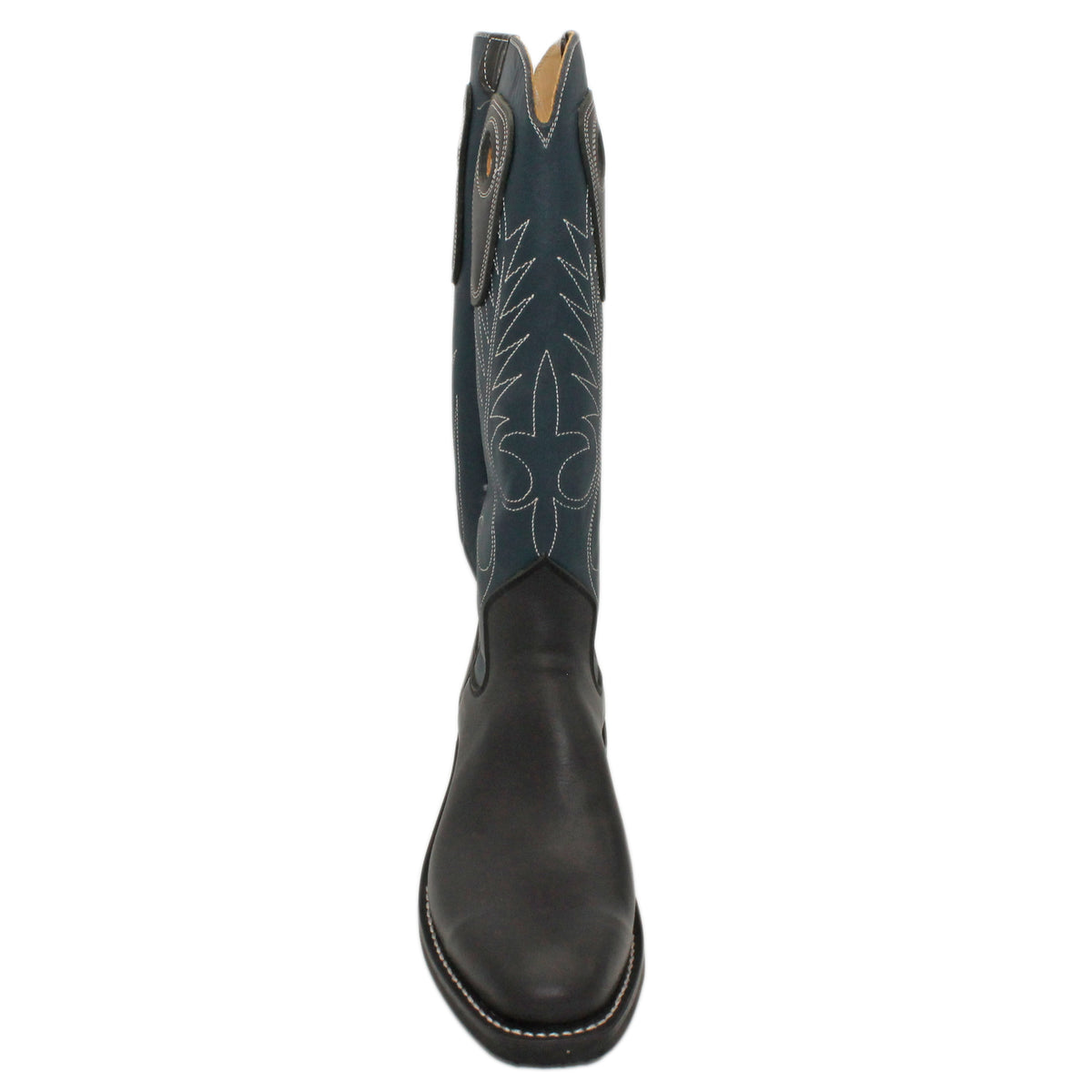 14" Blue Upper w/ Beck Classic Stitching

Black Steer Vamp

Regular French Square Toe

Slightly Tapered Heel