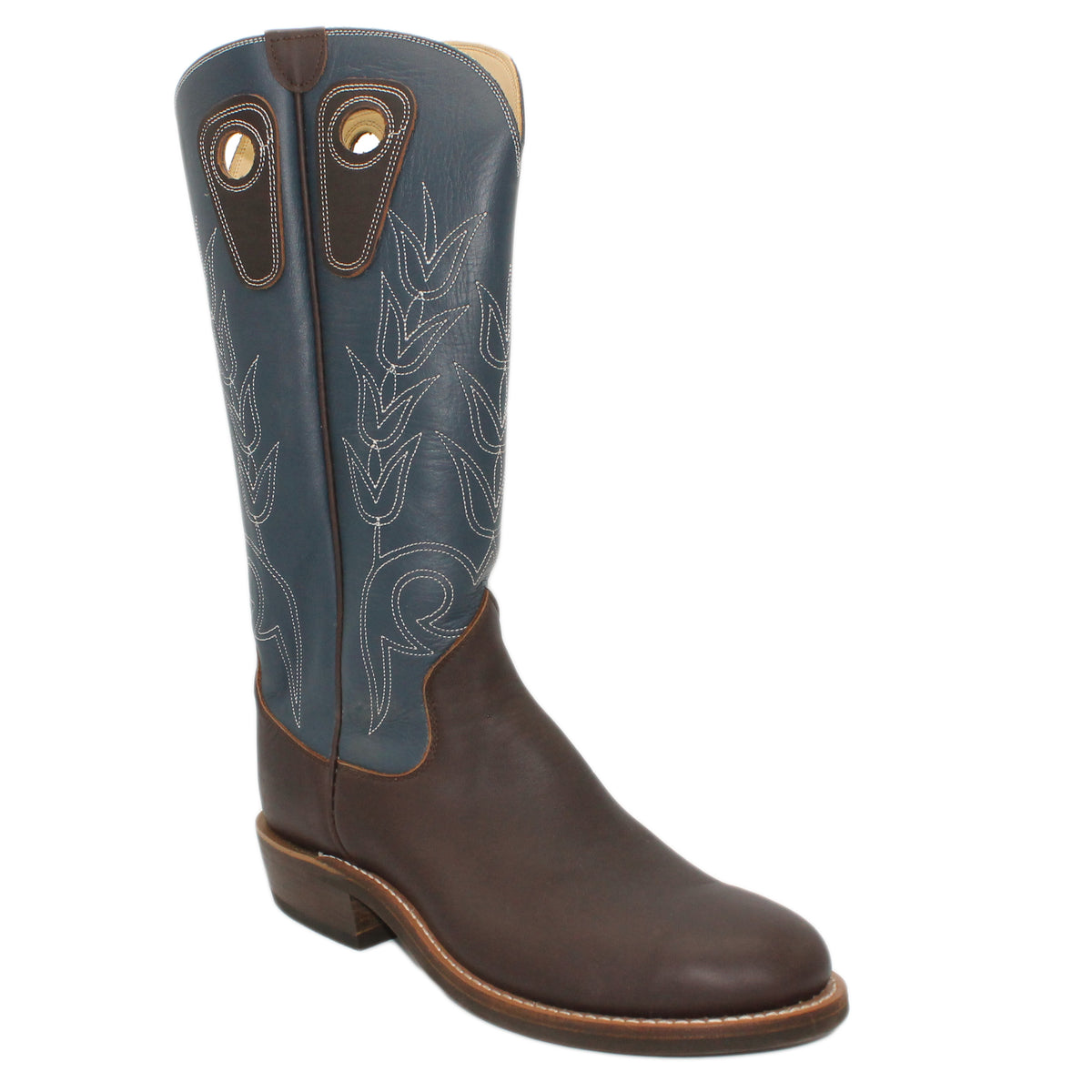 16" Blue Upper w/ Tulip Stitching

Brown Steer Vamp

Regular Round Toe

Slightly Tapered Heel