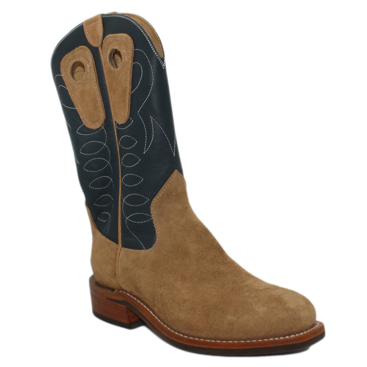 12" Blue upper w/ Loops Stitching

Buckskin Rough Out Steer Vamp

Regular French Square Toe

Block Heel
