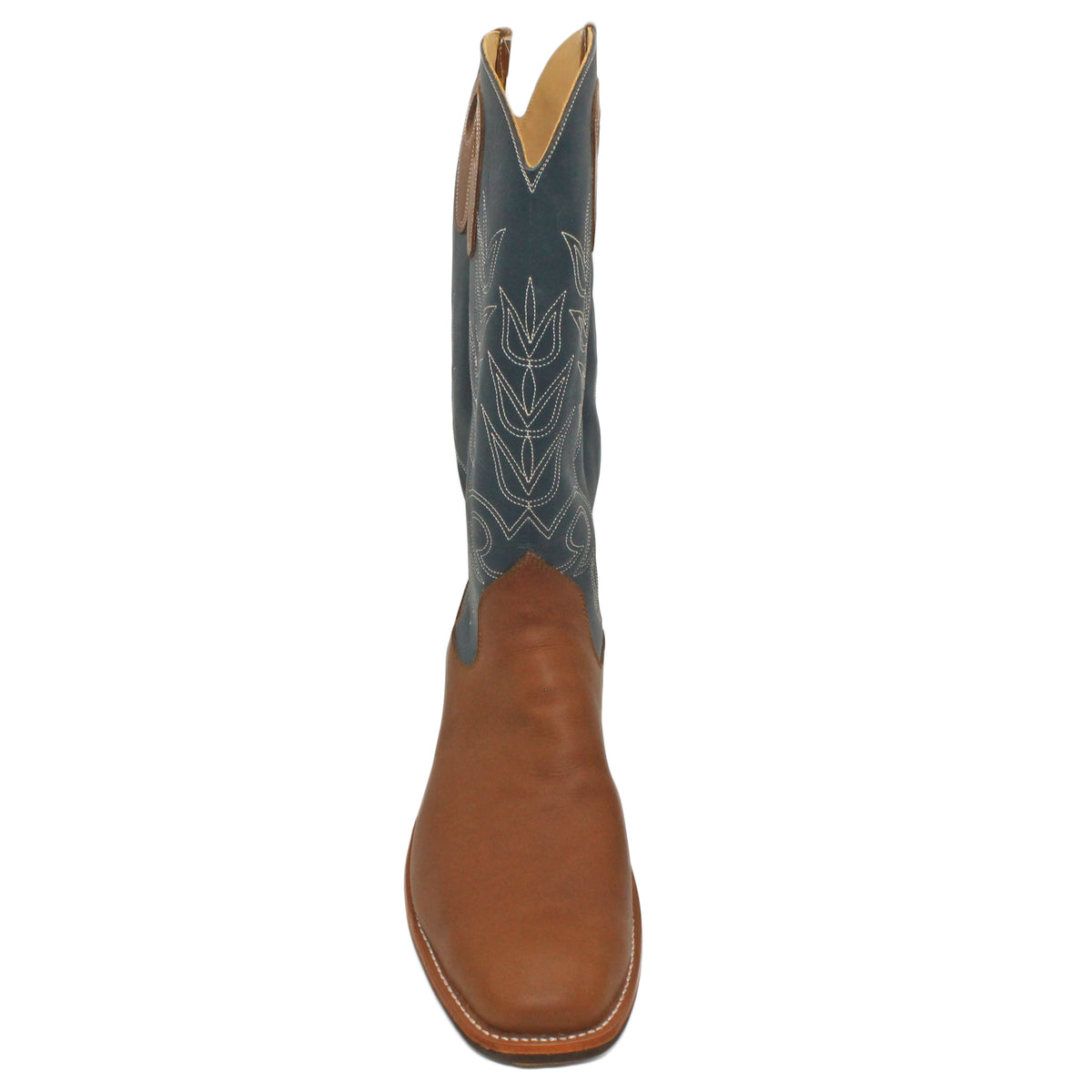 16" Blue Uppers w/ Tulip Stitching

Saddle Timberjack Steer Vamp

Wide French Square Toe

Slightly Tapered Heel