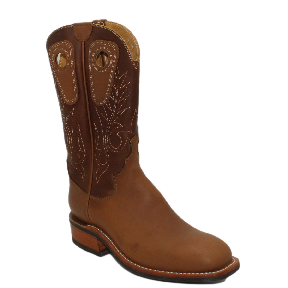 12" Brown upper w/ Beck Stitching

Saddle Timberjack Steer Vamp

Wide French Toe

Block Heel