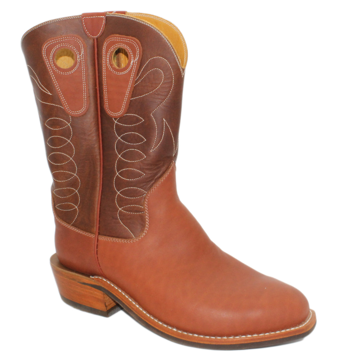 12" Brown Upper w/ Loops Stitching

Tan Timberjack Steer Vamp

Regular French Square Toe

Slightly Tapered Heel