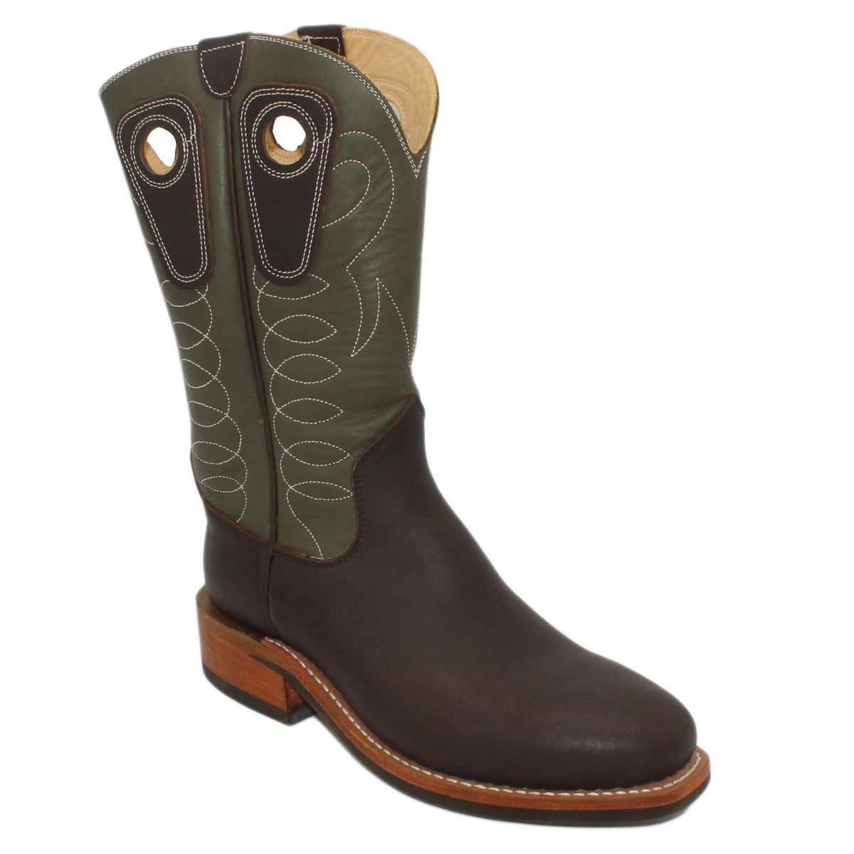 12" Forest Upper w/ Loops Stitching

Brown Timberjack Steer Vamp

Regular French Square Toe

Block Heel