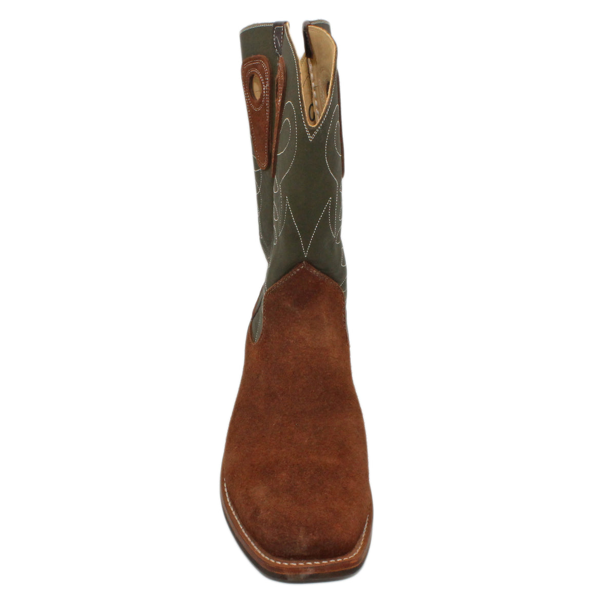 Forest uppers w/ Loops stitching

Brown Timberjack Rough Out Steer Vamp

Wide French Square Toe

Block Heel