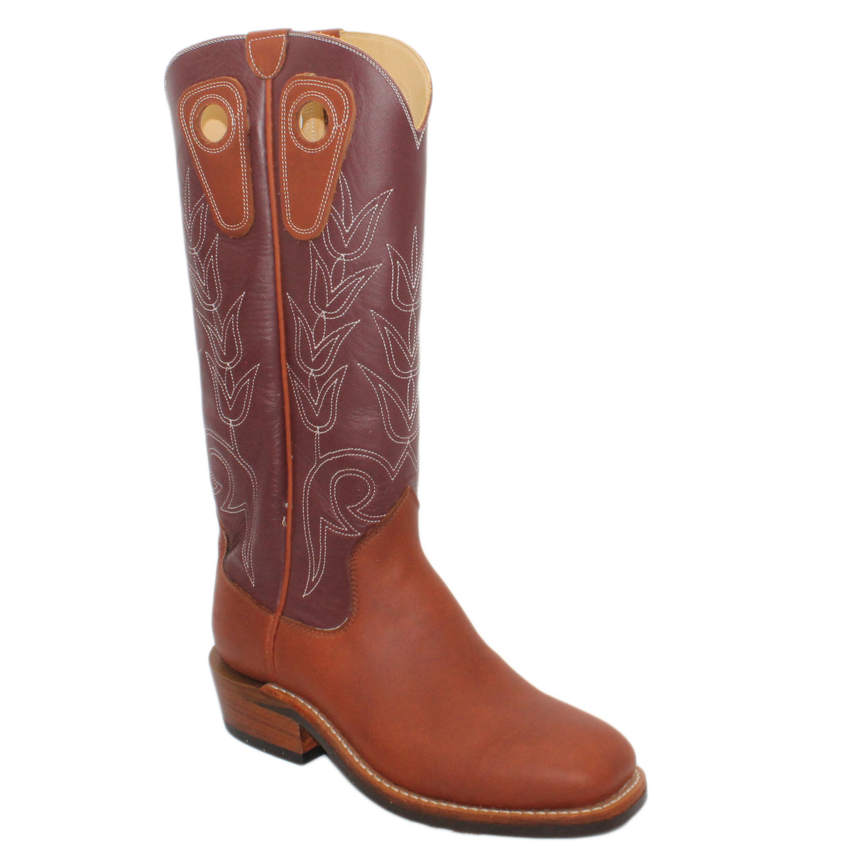 16" Wine Uppers w/ Tulip Stitching

Tan Timberjack Steer Vamp

Wide French Square Toe

Slightly Tapered Heel