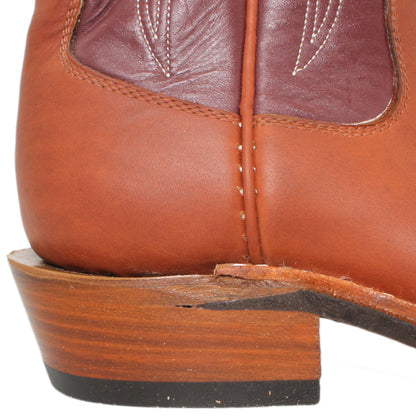 16" Wine Uppers w/ Tulip Stitching

Tan Timberjack Steer Vamp

Wide French Square Toe

Slightly Tapered Heel