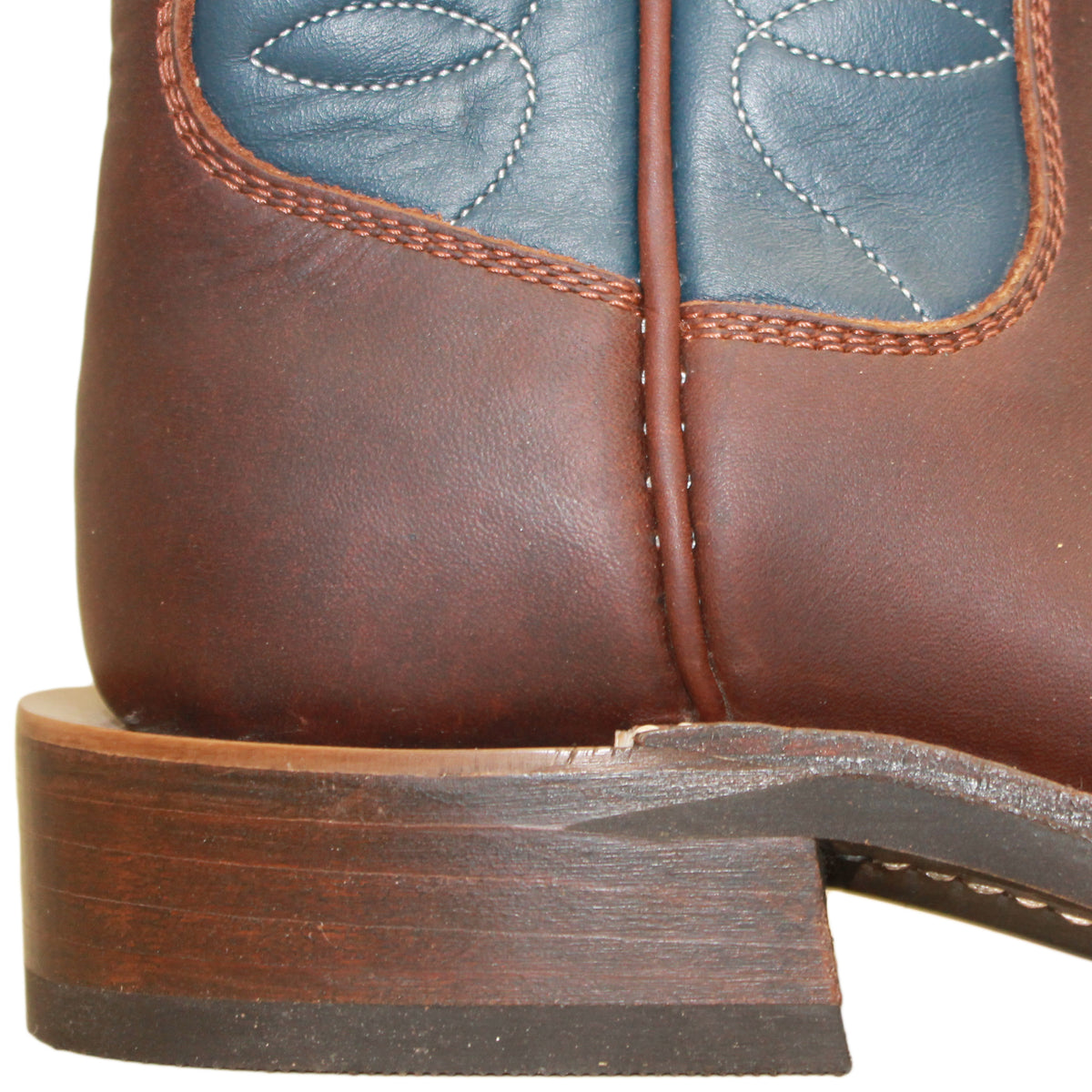 12" Blue Upper w/ Loops Stitching

Brown Timberjack Steer Vamp

Wide French Square Toe

Block Heel