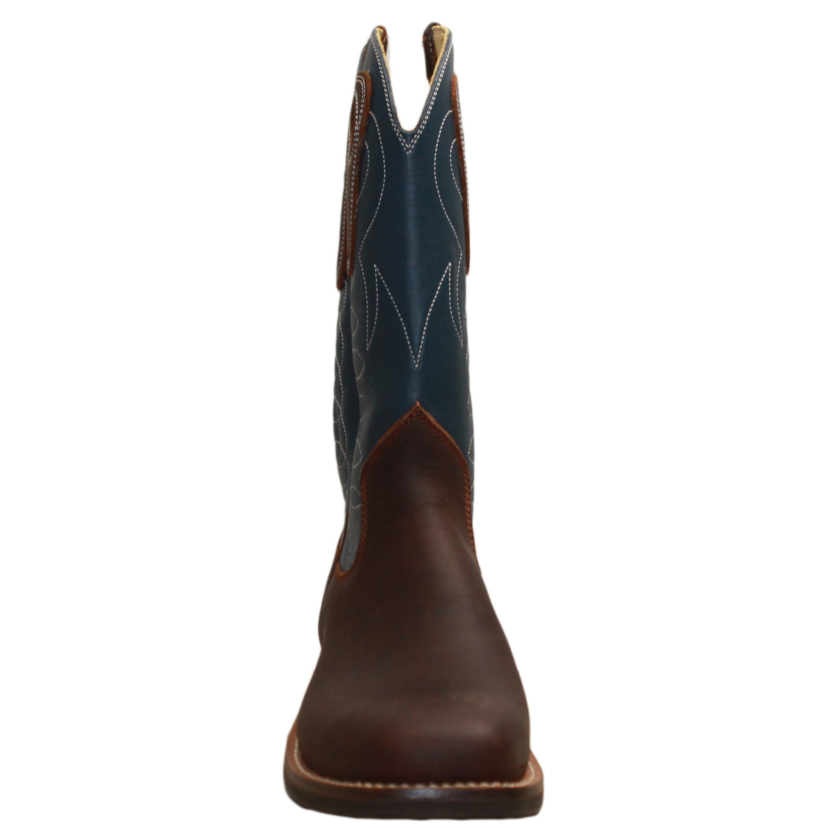 12" Blue Upper w/ Loops Stitching

Brown Timberjack Steer Vamp

Wide French Square Toe

Block Heel