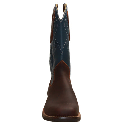12" Blue Upper w/ Loops Stitching

Brown Timberjack Steer Vamp

Wide French Square Toe

Block Heel