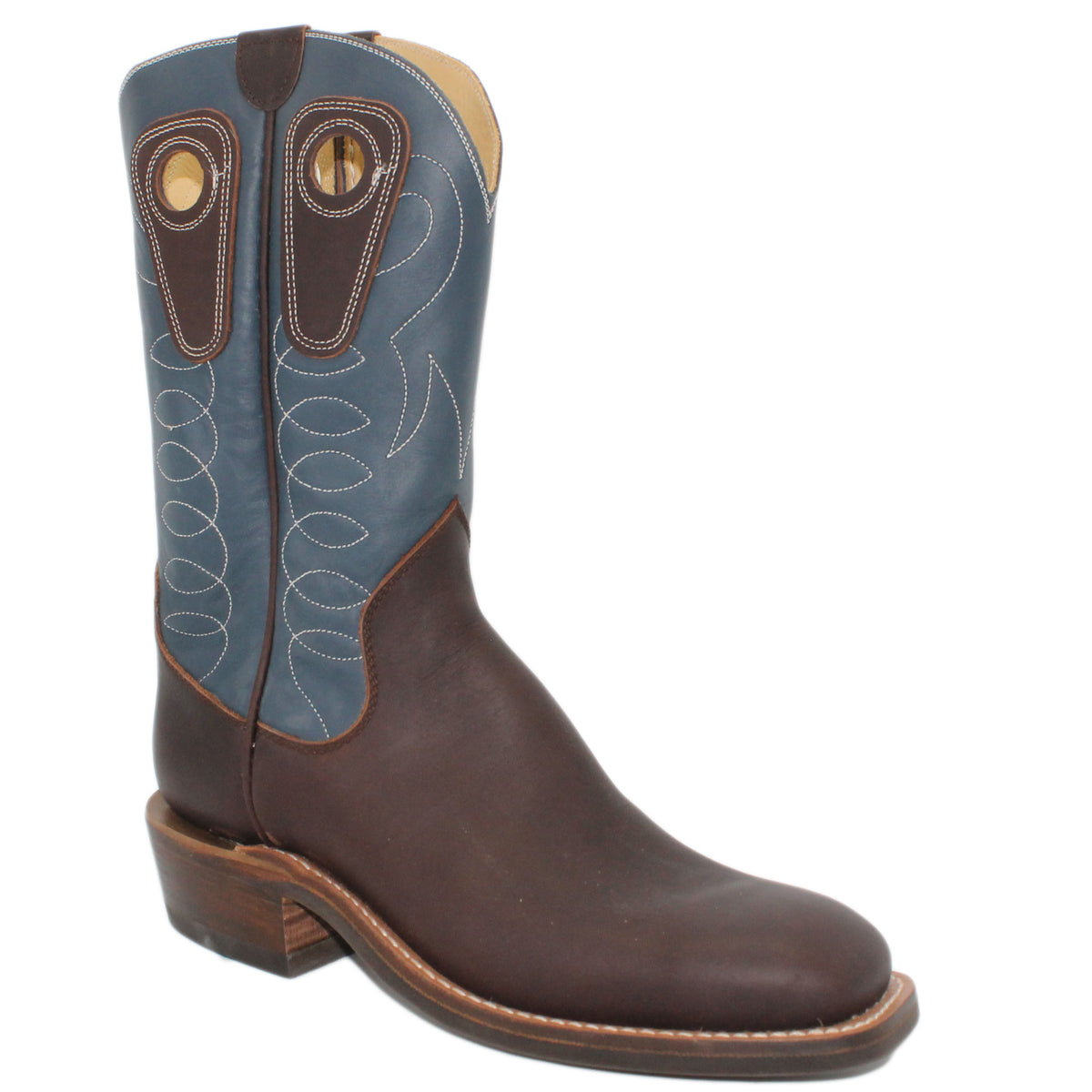 12" Blue Upper w/ Loops Stitching

Brown Timberjack Steer Vamp

Wide French Square Toe

Slightly Tapered Heel