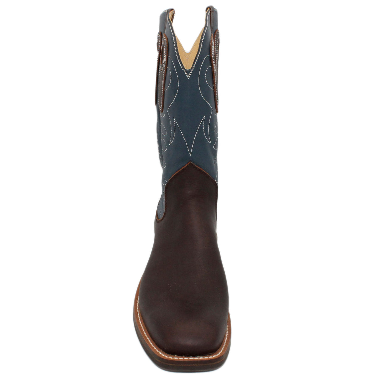 12" Blue Upper w/ Loops Stitching

Brown Timberjack Steer Vamp

Wide French Square Toe

Slightly Tapered Heel