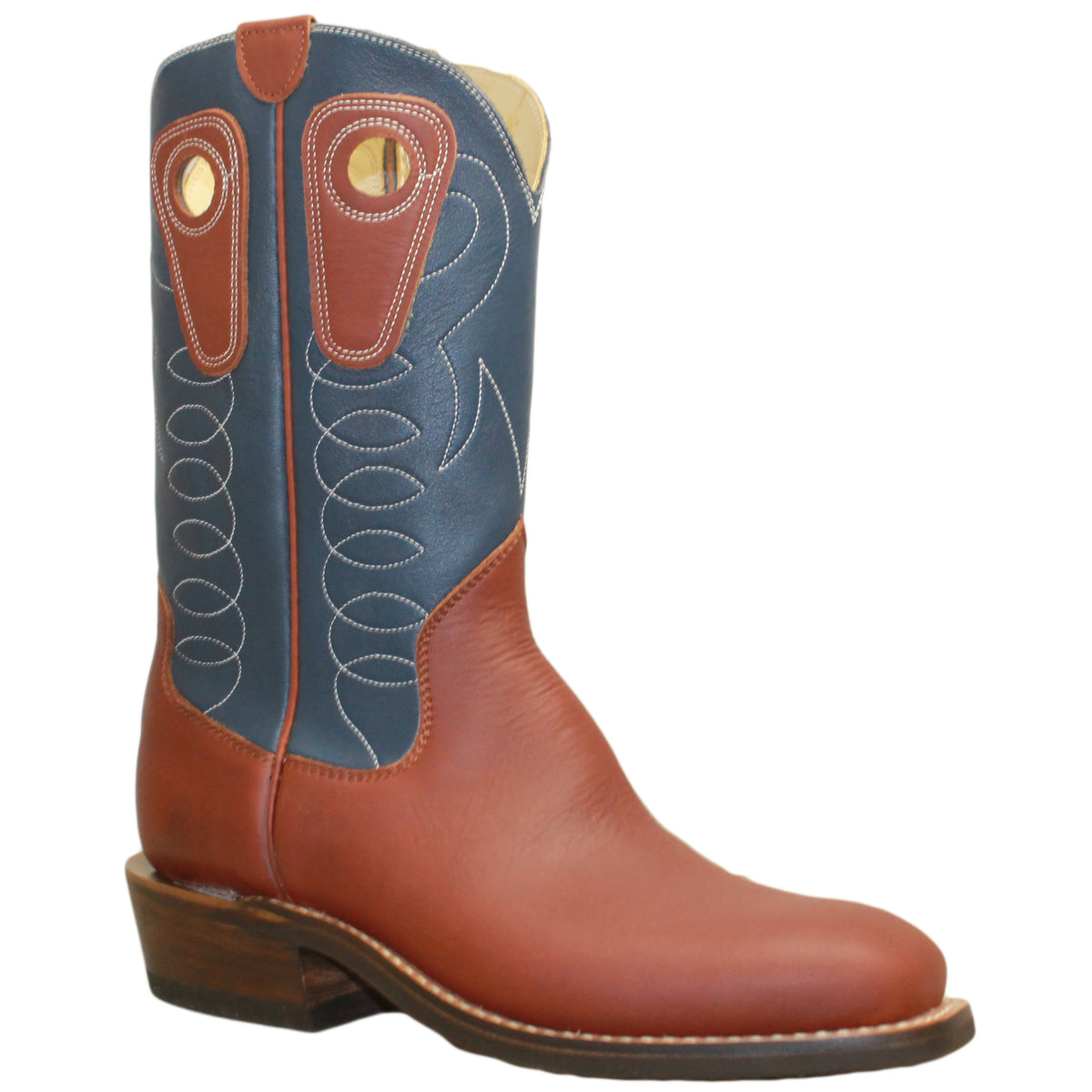 12" Blue Upper w/ Loops Stitching

Tan Timberjack Steer Vamp

Wide French Square Toe

Slightly Tapered Heel