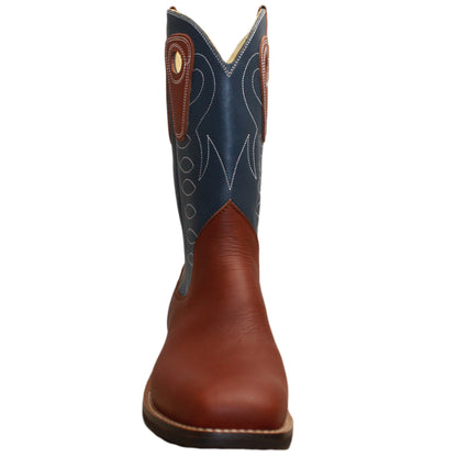 12" Blue Upper w/ Loops Stitching

Tan Timberjack Steer Vamp

Wide French Square Toe

Slightly Tapered Heel