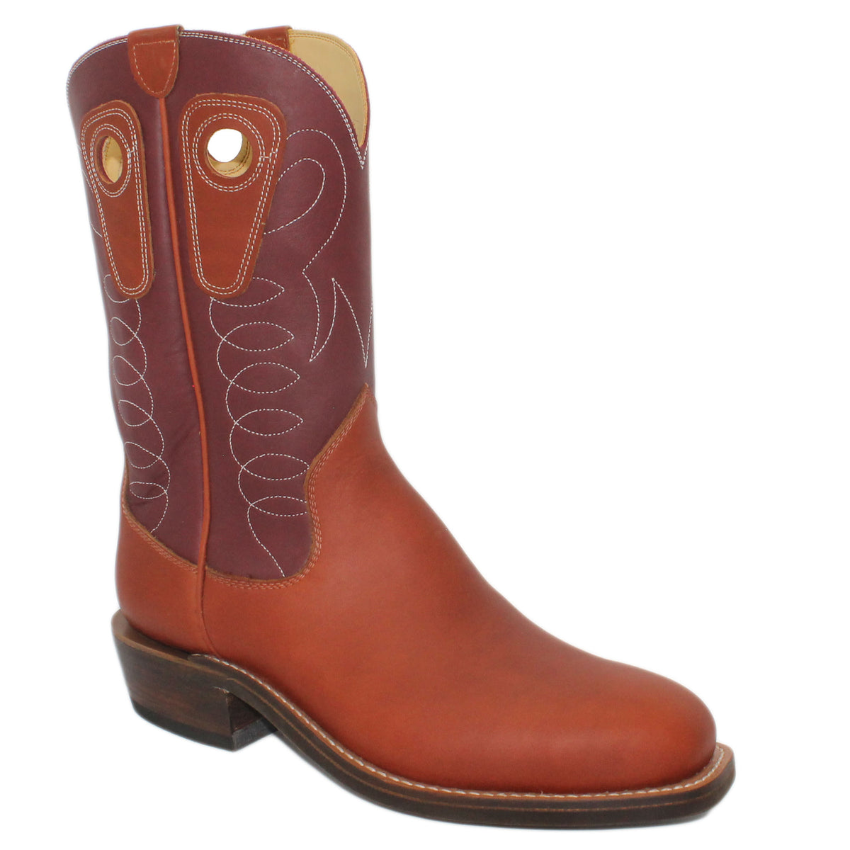 12" Wine Upper w/ Loops Stitching

Tan Timberjack Steer Vamp

Regular French Square Toe

Slightly Tapered Heel